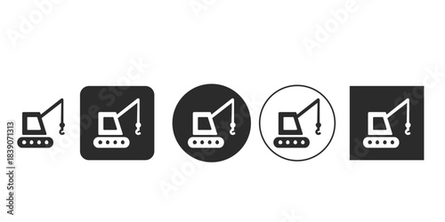 Construction crane machine icon set vector | Minimalist tracked excavator pictogram symbol | Heavy lifting crawler vehicle silhouette black and white graphics | Flat vector icon representation