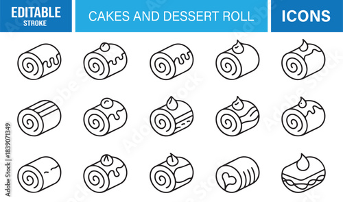 Vector Icon Set Depicting Dessert Rolls, Pastry Swirls, Cream Toppings, Sweet Bakery Items, and Minimal Confection Desserts