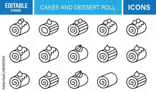Vector Icon Set Depicting Dessert Rolls, Pastry Swirls, Cream Toppings, Sweet Bakery Items, and Minimal Confection Desserts