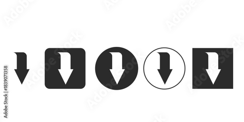 Black and white down arrow icon set for user interface design | Modern download or scroll down button icons collection | Curved ribbon arrow glyphs for web navigation elements