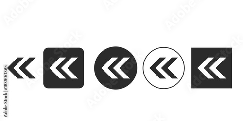Set of previous double chevron arrow icons for website navigation design | Fast backward rewind symbol collection in various geometric shapes | UI UX button elements representing back function 