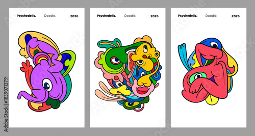 Abstract colorful doodle art design, psychedelic cartoon, pattern seamless background texture vector