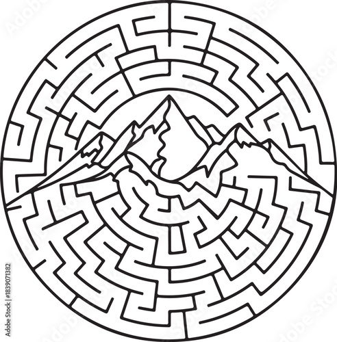Circular Maze with Mountain Peaks in Center Keywords: maze, labyrinth, puzzle, circular, round