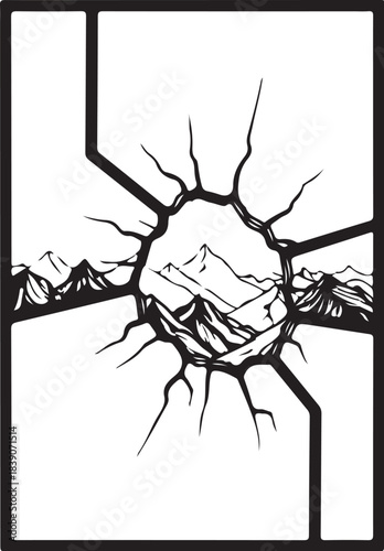 Cracked Frame Revealing Mountain Landscape Keywords: cracked, broken, frame, opening, window