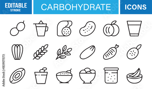 Comprehensive Carbohydrate Icon Pack Representing Starch Sources, Fruits, Tubers, Grains, Pastries, Beans, and Natural Foods