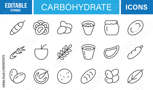 Stylish Minimal Icons for Carbohydrate Foods Showing Organic Grains, Fruits, Beans, Breads, Snacks, and Plant-Based Carbs