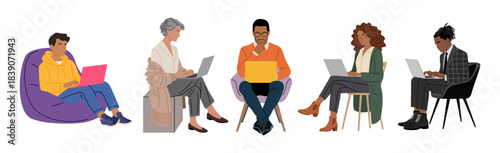 Set of diverse people sitting in various chairs while working on laptops. Clean modern style with solid colors. Flat vector illustration isolated on transparent background