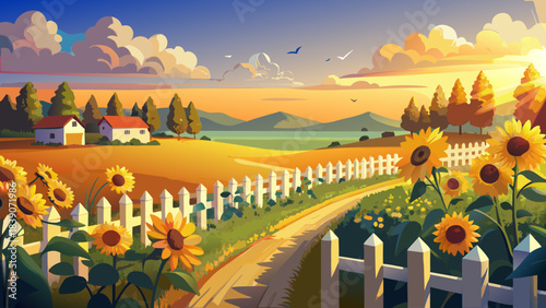 Very beautiful bright sunflower field stretching behind a charming white picket fence under warm sunlight, forming a cheerful rural landscape filled with vibrant yellow petals and open-sky summer atmo