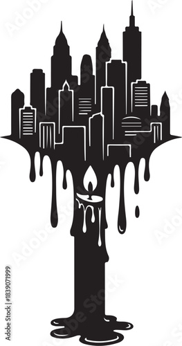 Silhouette of city skyline melting from a burning candle