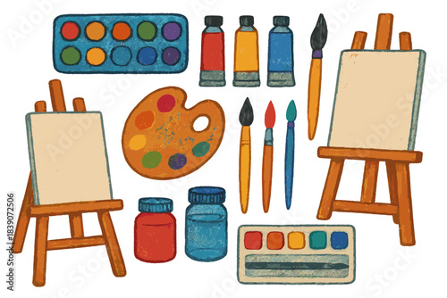 Assortment of art supplies including paintbrushes, easels, and color palettes
