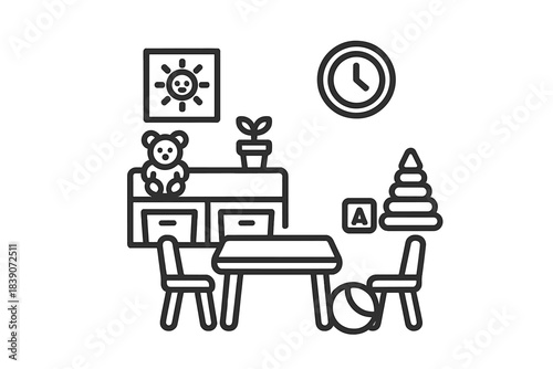 Minimalist line art of a child's bedroom interior with furniture and playthings