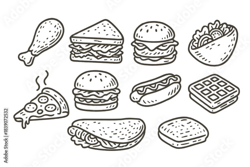 Hand drawn collection of popular fast food icons including pizza slice and burgers