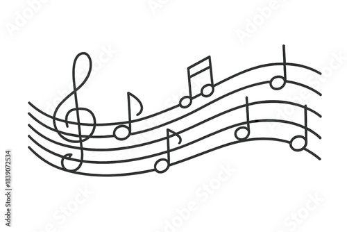 Treble clef and musical notes flowing across curved staff lines