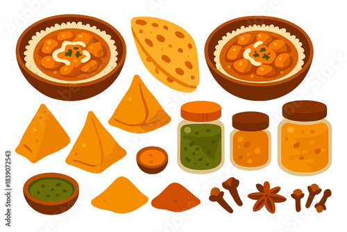 Variety of Traditional Indian Cuisine Dishes and Aromatic Spices