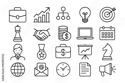 Black outline icons for business strategy, finance, and management concepts