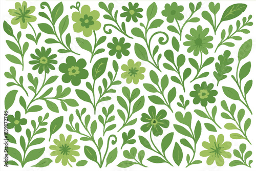 Stylized green flowers and foliage pattern elements assortment