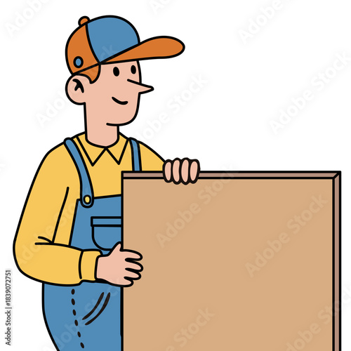 man in uniform carrying a large cardboard banner. Delivery service and shipping industry concept for logistics and moving.