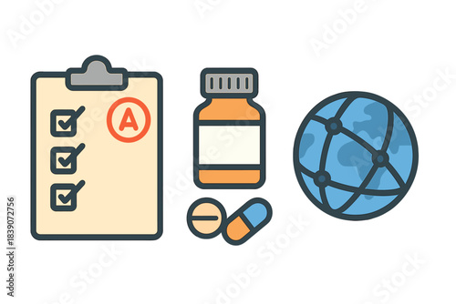 Medical assessment and global pharmaceutical concept icons set
