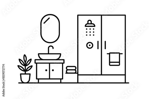 Minimalist bathroom interior with sink vanity and shower cabin outline