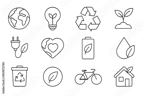 Set of simple line icons representing ecology and environmental protection concepts