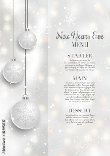 Decorative New Years Eve menu design with hanging baubles design