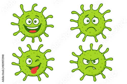 Four cartoon green microbe characters with distinct facial expressions