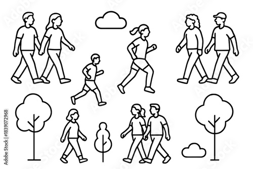 Set of diverse people icons walking and running with outdoor elements