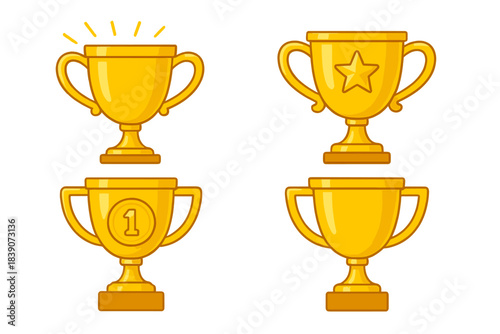Four distinct golden trophy icons symbolizing success and victory