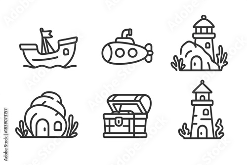 Collection of simple outline icons for sea adventure and nautical themes