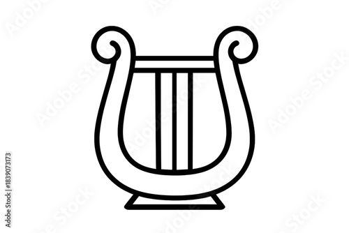 Minimalist black outline drawing of an ancient lyre musical instrument