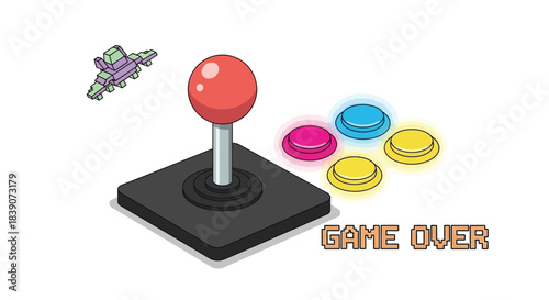 Classic arcade game controller with joystick and colorful buttons game over screen.