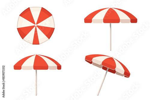 Beach umbrella set with red and white stripes shown from multiple perspectives