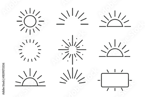 Set of minimalist line art icons depicting sun and sunrise symbols