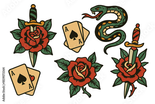 Traditional tattoo flash set featuring rose dagger snake and playing cards