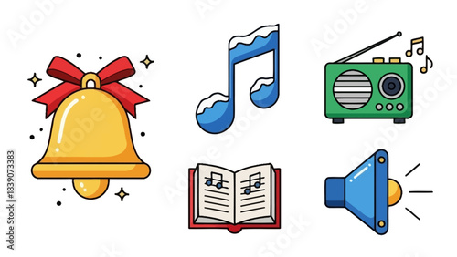 Christmas Music Vector Icon Set – Bells, Notes, Radio, Choir Book, Speaker