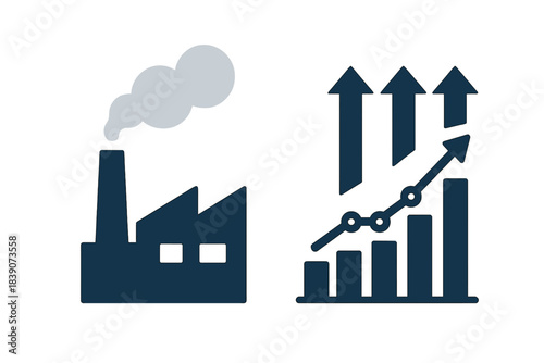 Factory smokestack emissions and upward trending business growth icons