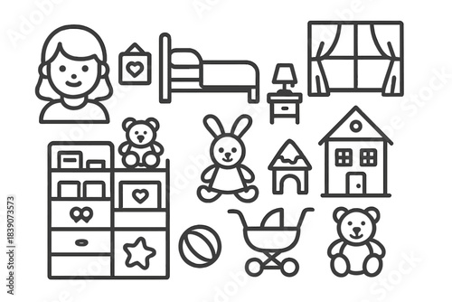 Simple line icons depicting objects for nursery and childhood settings