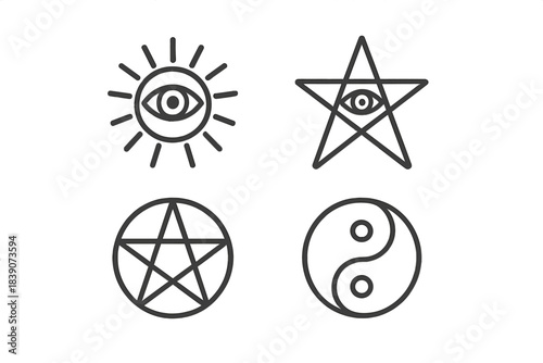 Set of mystical spiritual symbols including eye of providence and yin yang