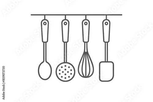 Hanging kitchen utensils line icons for cooking and baking tasks
