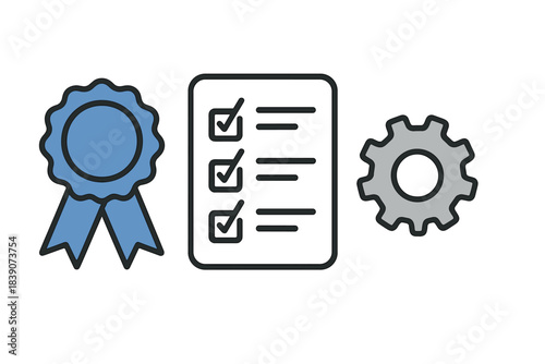 Quality control checklist award and settings icons set for business concepts