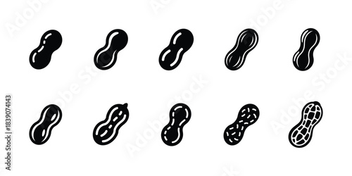 Black and white peanut icons set isolated on white background