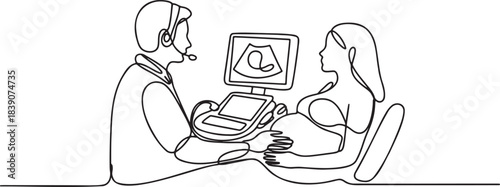Continuous line art of doctor performing ultrasound examination on pregnant woman