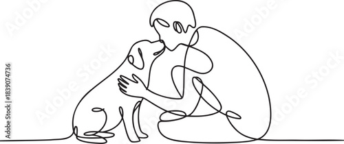 Continuous line art of person hugging dog in tender affectionate moment