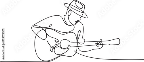 One line drawing of musician wearing hat playing acoustic guitar