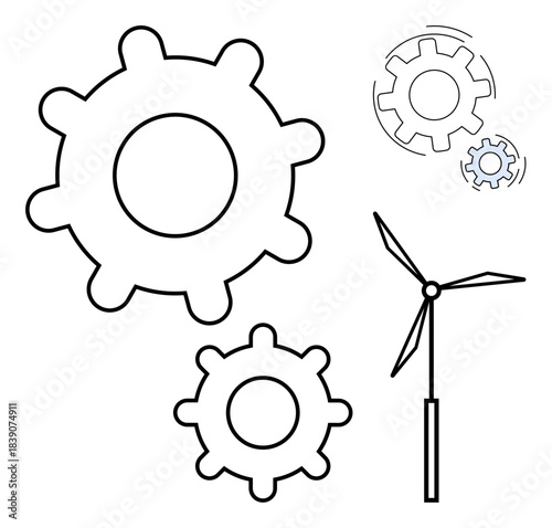 Renewable energy, machinery, engineering, clean technology, mechanical processes, sustainability. Two gear symbols and a wind turbine illustration. Renewable energy and machinery processes concept