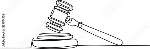 One line drawing of wooden gavel resting on sound block representing justice