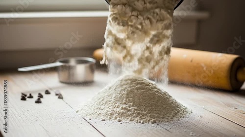Sifting White Flour onto a Rustic Wooden Kitchen Counter for Baking.
