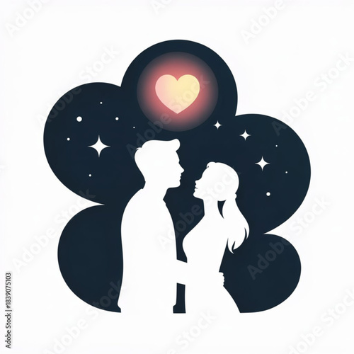 Silhouetted couple embracing under a starry night sky with glowing heart.
