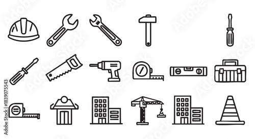 Construction outline icons set isolated on white background vector design