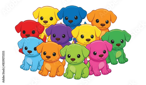 puppy, dog, cute, colorful, rainbow, happy, fun, playful, group, adorable, cartoon, illustration, vector, graphic, pet, animal, baby animal, kindergarten, children, kids, cheerful, bright, vibrant, pr